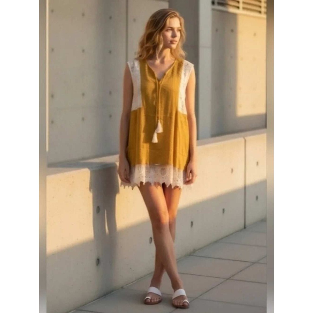 Umgee Mustard Yellow Lace Trim Tassel Tie Boho Tunic Dress Small K2019